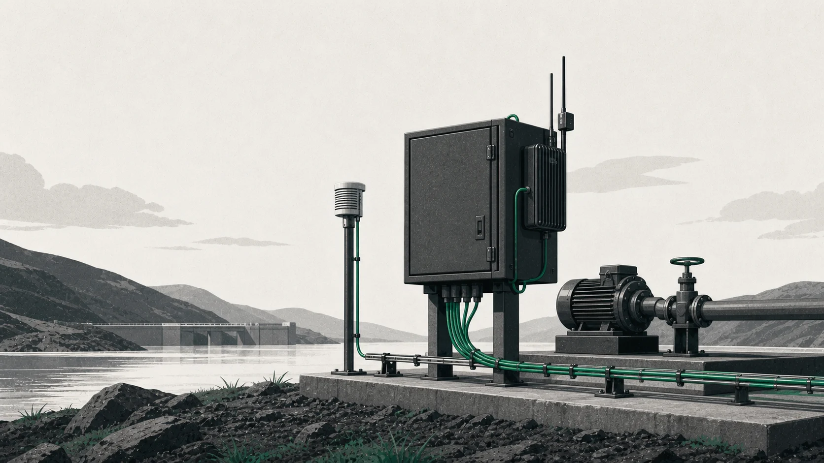 Editorial illustration of a connected industrial gateway, sensor, and field asset