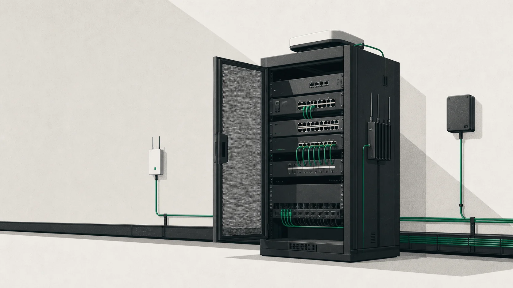 Editorial illustration of network and telecommunications equipment in a controlled staging environment
