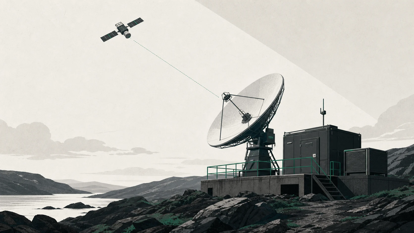 Editorial illustration of a satellite communications terminal at a remote infrastructure site